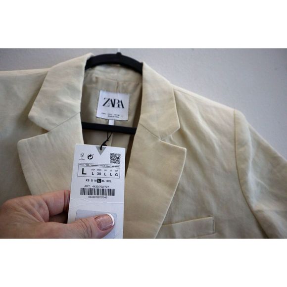 Zara Women's Sz Large Beige Basic Short Sleeved Linen Blend Cropped Blazer - Picture 4 of 7